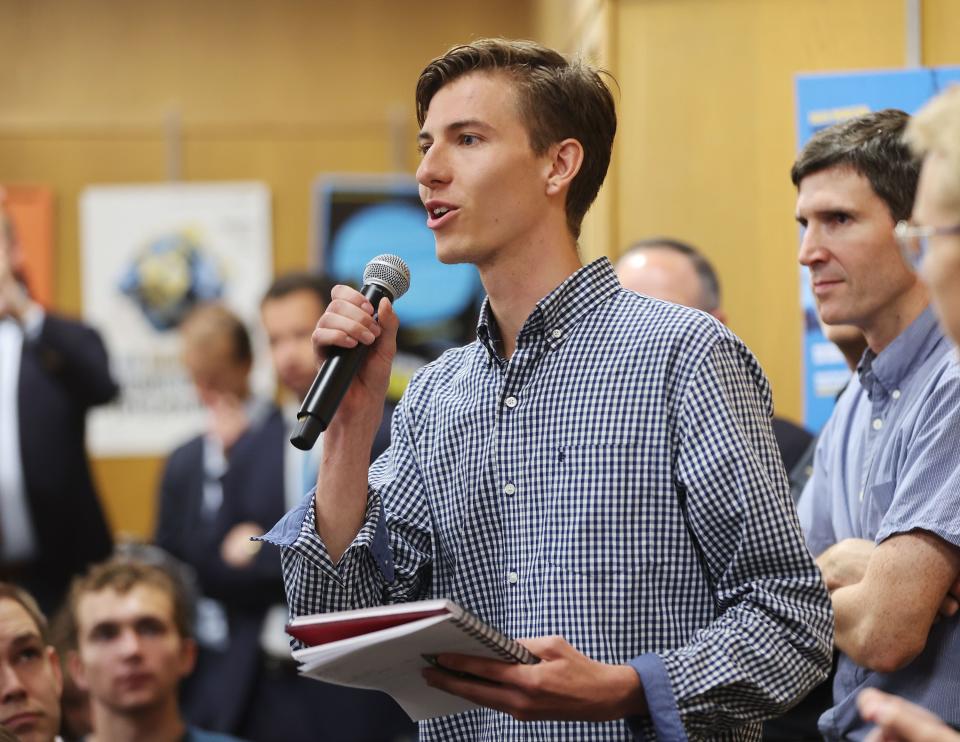 BYU student Addison Graham asks Hungarian President Katalin Novák a question during her speech at Brigham Young University in Provo on Tuesday, Sept. 26, 2023.