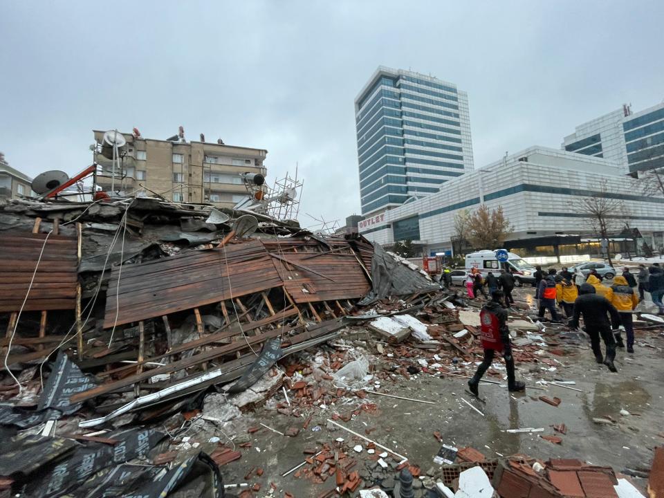 A view of destroyed building after a 7.4 magnitude earthquake hit southern provinces of Turkiye (Anadolu Agency via Getty Images)