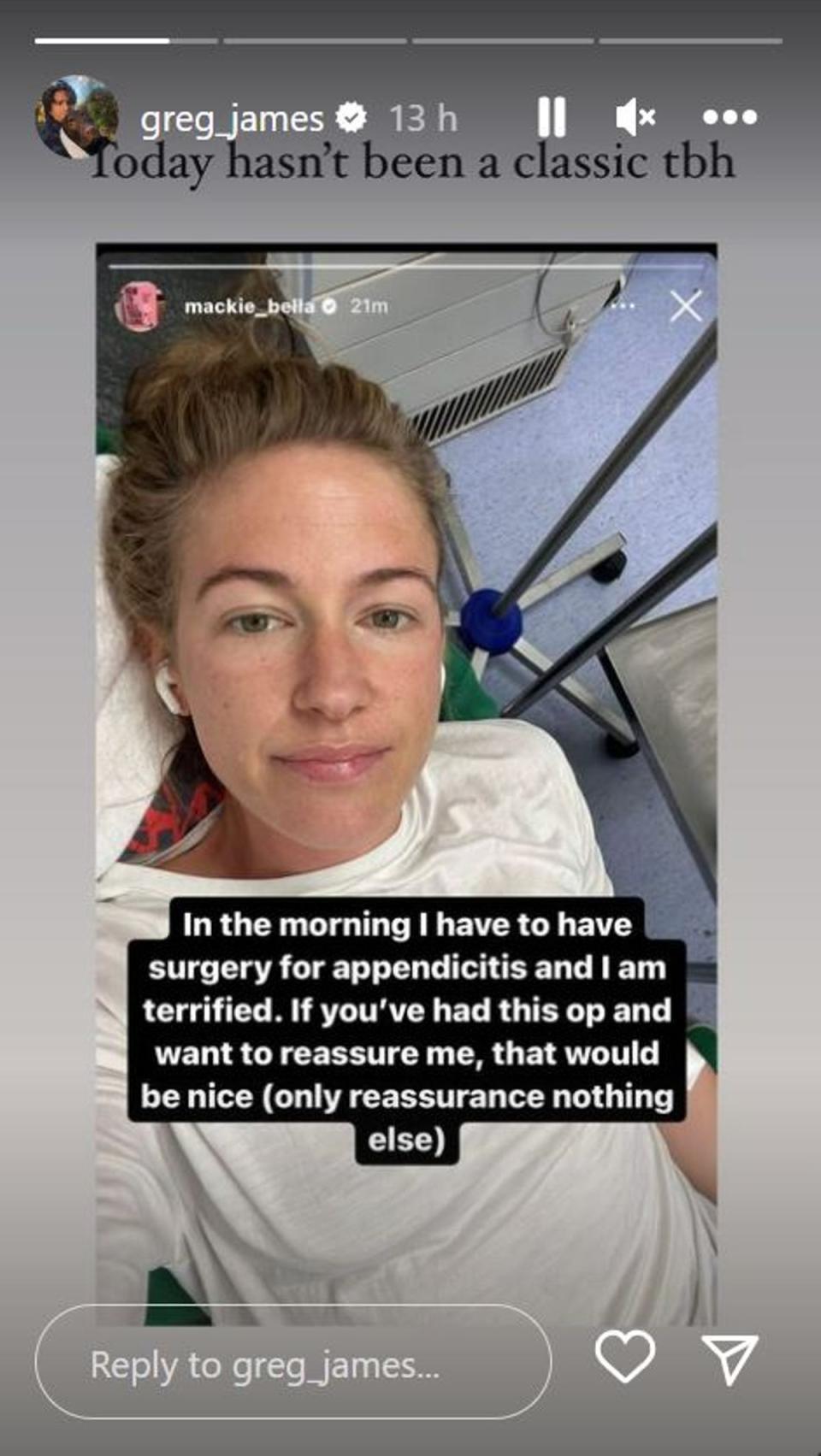 Greg James reshared a post by his wife explaining her medical emergency (Instagram @greg_james)