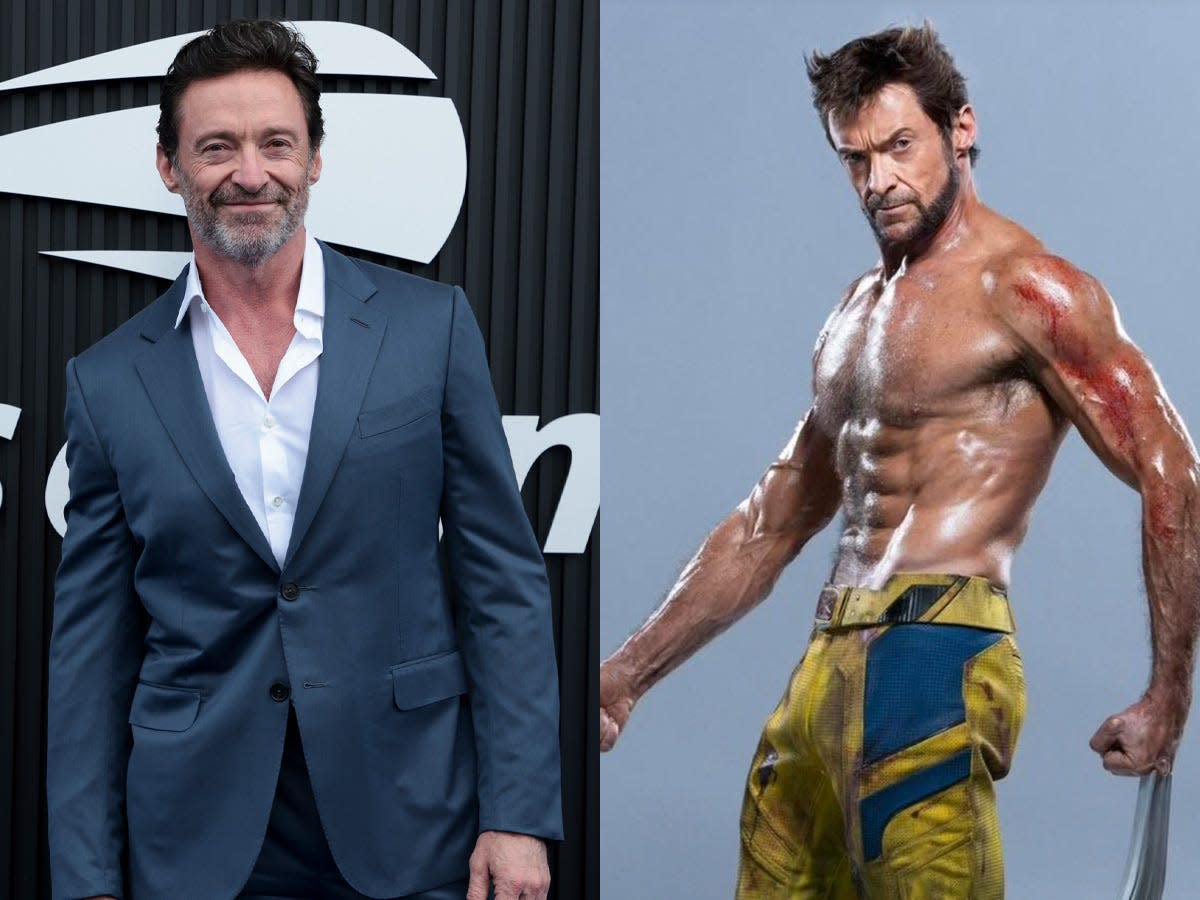 A composite image of a man with dark hair and a gray beard in a blue suit, and the same man shirtless showing off his muscly physique in yellow and blue combat trousers, he's holding metal claws between his knuckles.