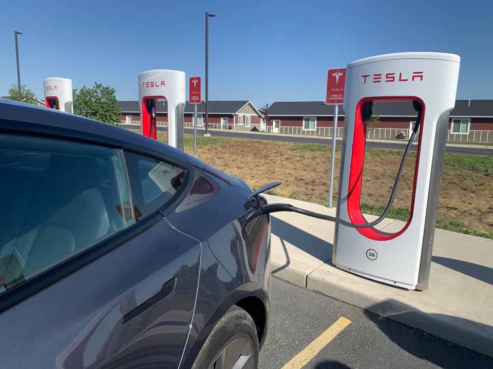 Tesla Model 3 at a Supercharger in Montana