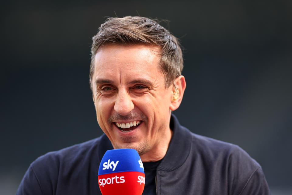 NEWCASTLE, ENGLAND - MAY 7: Gary Neville working as a TV pundit for Sky Sports ahead of the Premier League match between Newcastle United and Arsenal FC at St. James Park on May 7, 2023 in Newcastle upon Tyne, United Kingdom.
