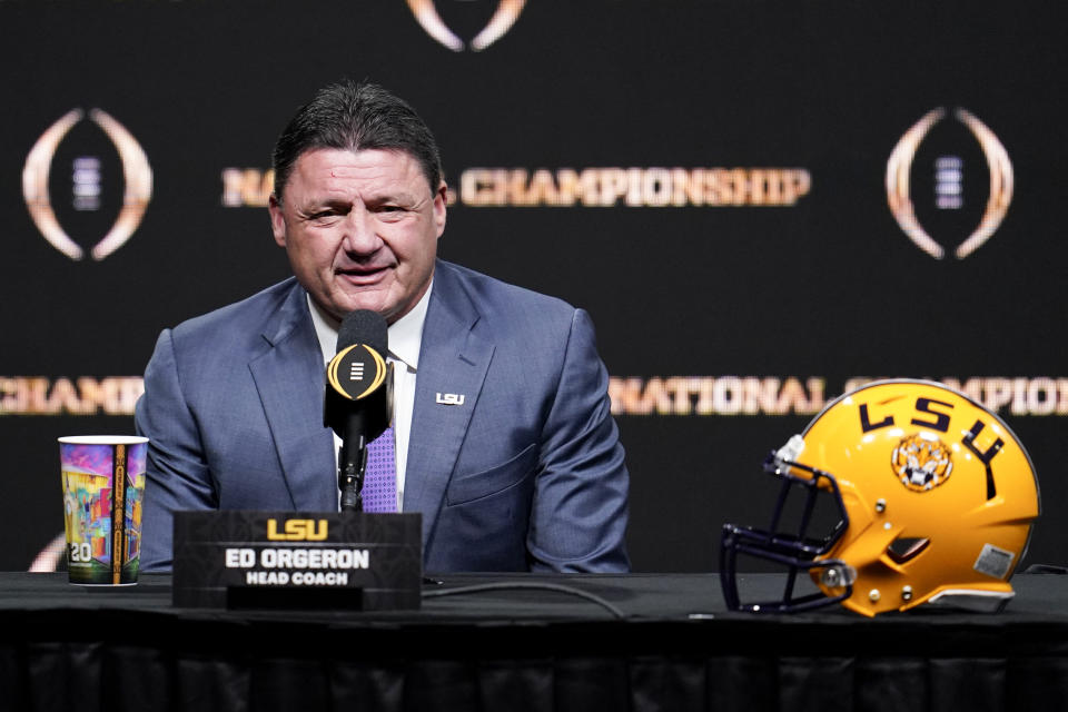 LSU head coach Ed Orgeron speaks at a news conference for the NCAA College Football Playoff national championship game Sunday, Jan. 12, 2020, in New Orleans. Clemson is scheduled to play LSU on Monday. (AP Photo/Chris Carlson)