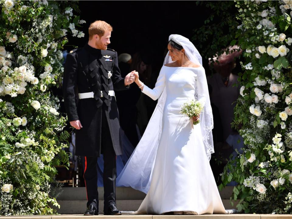 Prince Harry and Meghan Markle leave St George's chapel on their wedding day in 2018.