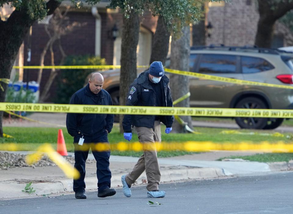 Police investigate Wednesday at the scene of a shooting on Austral Loop in the Circle C Ranch neighborhood in Southwest Austin.