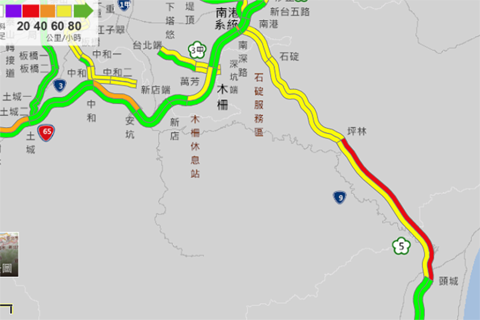 國道5號4日下午北上車流增加，宜蘭頭城到坪林行控中心平均時速僅30多公里。（圖／翻攝自高速公路1968網頁）