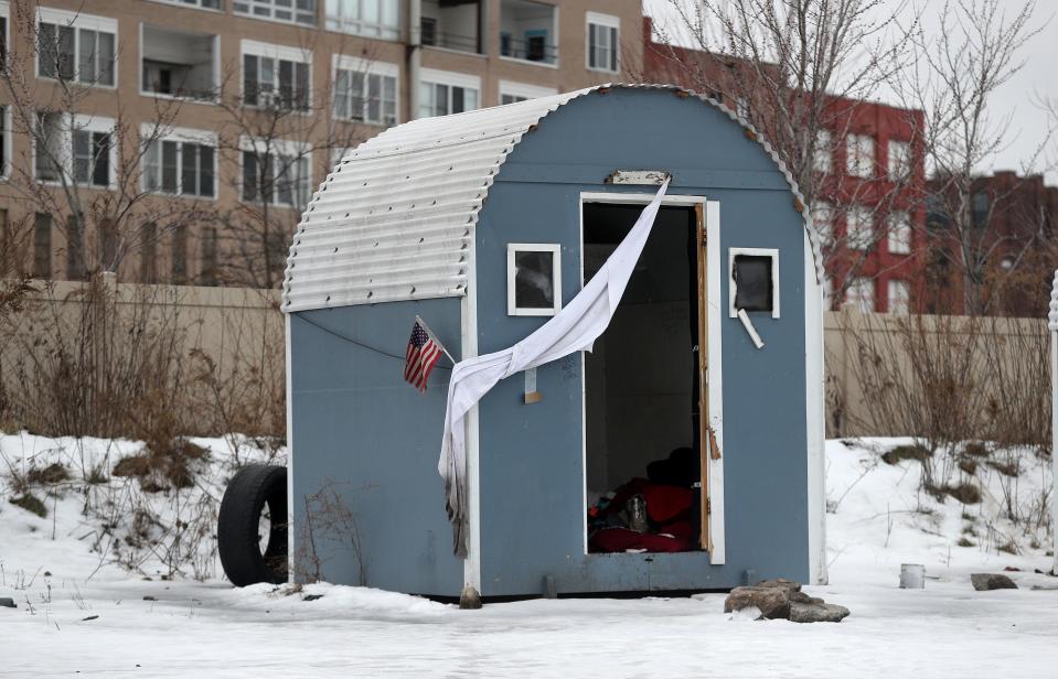 One of the huts in Peace Village, a homeless encampment in downtown Rochester. 