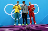 LONDON, ENGLAND - AUGUST 01: (L-R) Silver medalist James Magnussen of Australia, gold medalist Nathan Adrian of the United States and Brent Hayden of Canada stand with their medals on the podium during the medal cermony for the Men's 100m Freestyle on Day 5 of the London 2012 Olympic Games at the Aquatics Centre on August 1, 2012 in London, England. (Photo by Clive Rose/Getty Images)