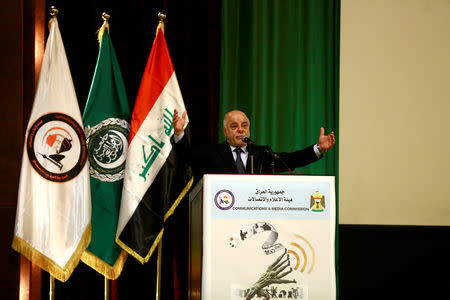 FILE PHOTO: Iraq's Prime Minister Haider al-Abadi speaks during a ceremony of Baghdad is the Capital of Arab Media, in Baghdad, Iraq, January 27, 2018. REUTERS/Thaier Al-Sudani /File Photo