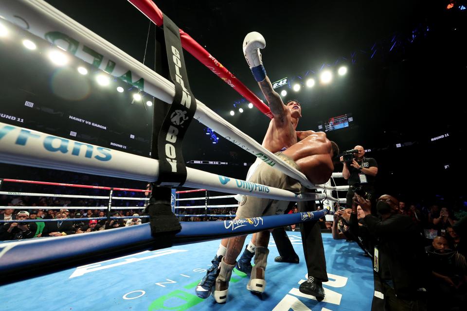 Ryan Garcia reacts during the match against Devin Haney.