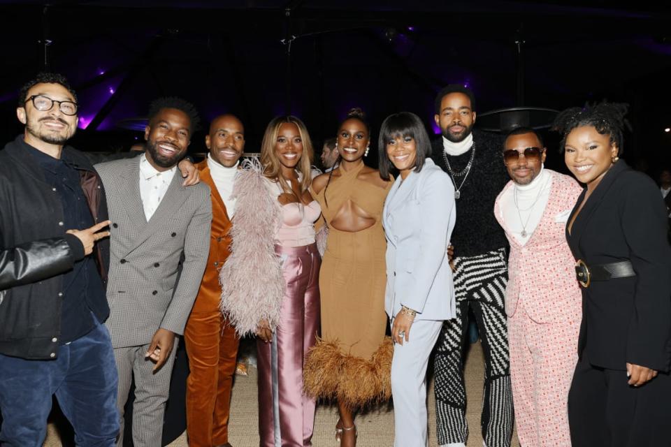 <div class="inline-image__caption"><p>Wade Allain-Marcus, Jean Elie, Leonard Robinson, Yvonne Orji, Issa Rae, Christina Elmore, Jay Ellis, Prentice Penny, and Courtney Taylor attend the after party for the premiere of HBO's <em>Insecure</em> Season 5 on October 21, 2021, in Los Angeles, California. </p></div> <div class="inline-image__credit">Amy Sussman/Getty</div>