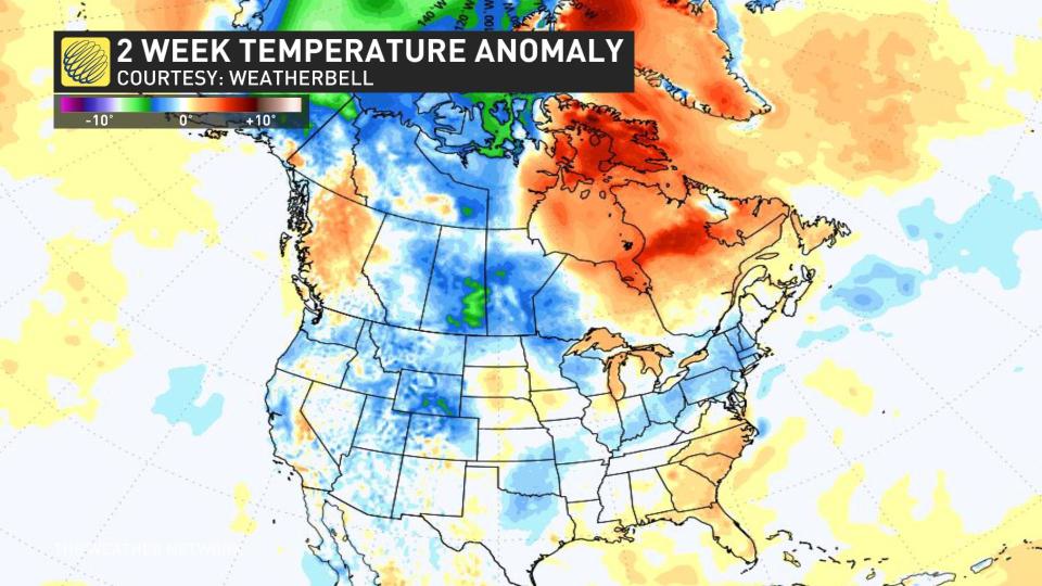 Two-week temperature anomaly in Canada April 10