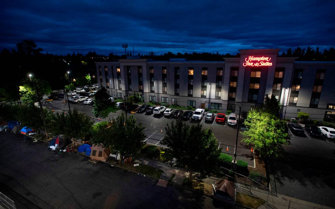 A homeless encampment along 82nd Street between the Best Western Plus and Hampton Inn & Suites on Hosmer Street in Tacoma, Washington on June 28, 2022.