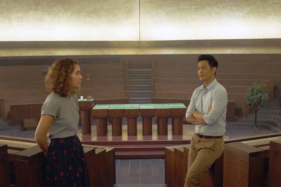 Haley Lu Richardson talking to John Cho.