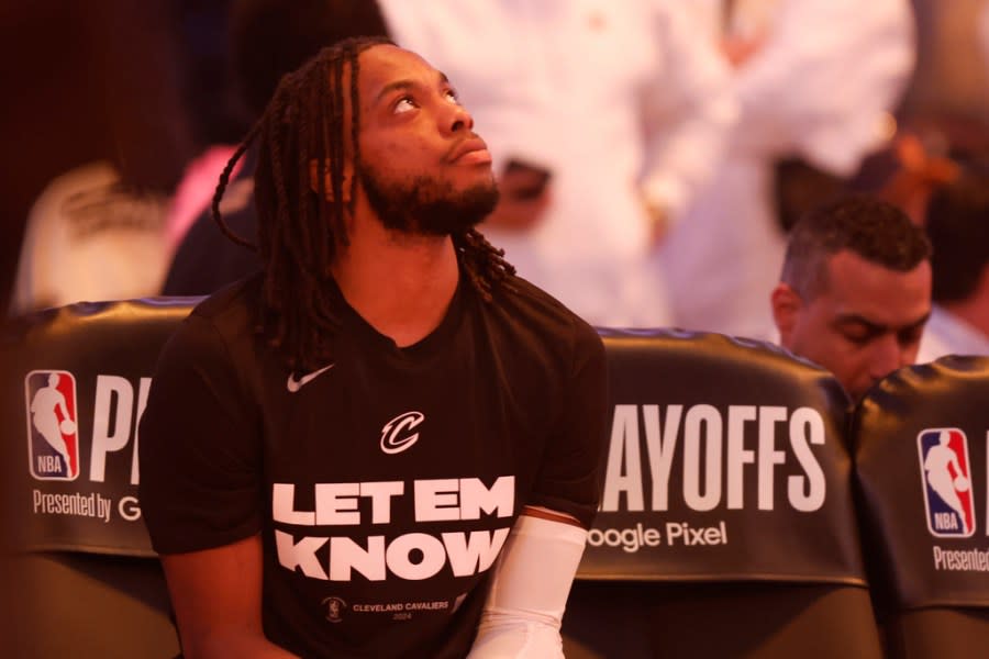 Cleveland Cavaliers guard Darius Garland waits to be introduced before Game 2 of an NBA basketball first-round playoff series against the Orlando Magic, Monday, April 22, 2024, in Cleveland. (AP Photo/Ron Schwane)