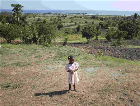 A girl stands on land where a golf course will be built above Sable Blanche Beach on Ile-a-Vache island, off Haiti's south coast, March 25, 2014. REUTERS/stringer