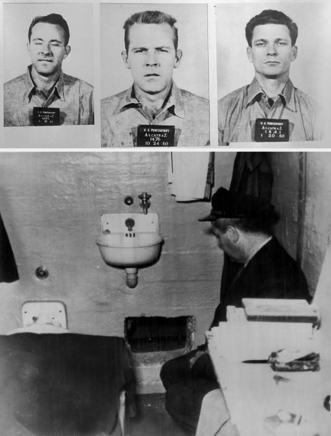 Top: Mugshots of Alcatraz prisoners Clarence Anglin, John William Anglin, and Frank Lee Bottom: A black and white image of a police officer standing in a jail cell, examining a hole in the wall of the cell