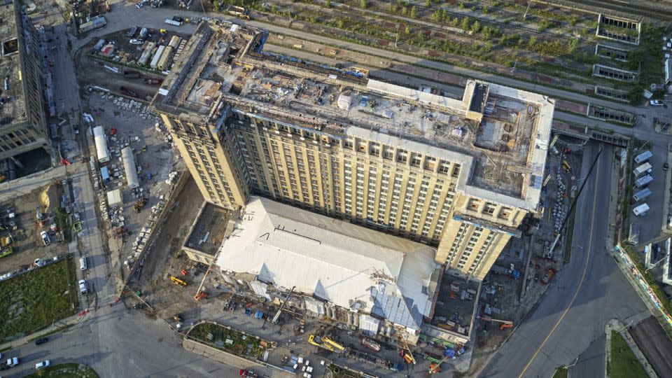 An aerial view of Michigan Central Station and the surrounding property, including the former Book Depository (left), under construction in 2020. - James Haefner/Michigan Central