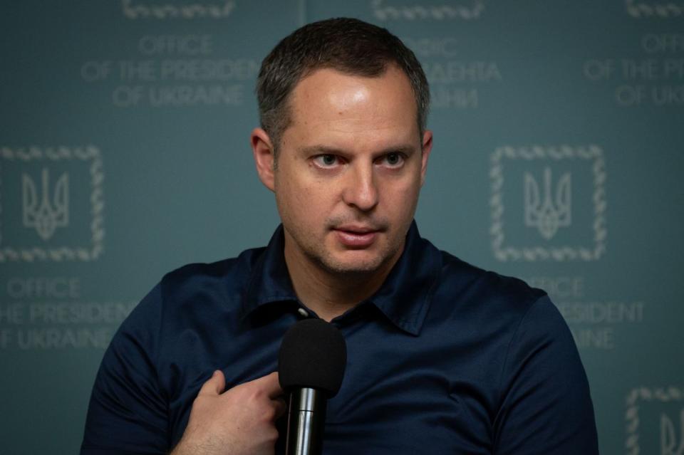 Rostyslav Shurma, deputy head of the President's Office of Ukraine, speaks at a press briefing. Shurma was the CEO of the Zaporizhstal plant from 2012 to 2019. (President's Office)