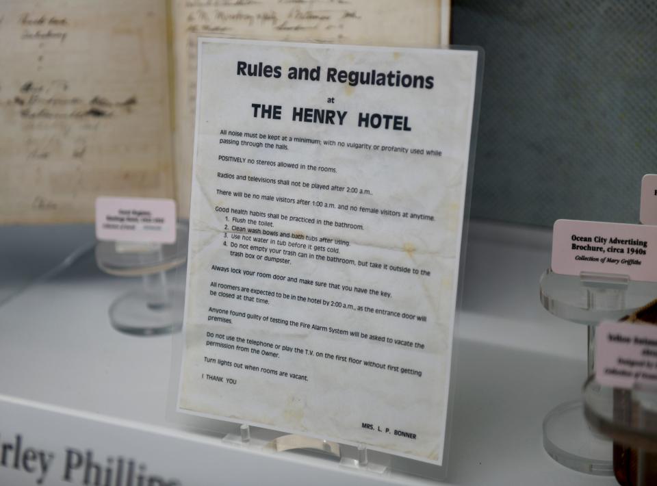 Rules and regualtions Lyncia Pearl Bonner had for the Henry Hotel is on display at the Ocean City Life-Saving Station Museum Friday, Aug. 25, 2023, in Ocean City, Maryland.