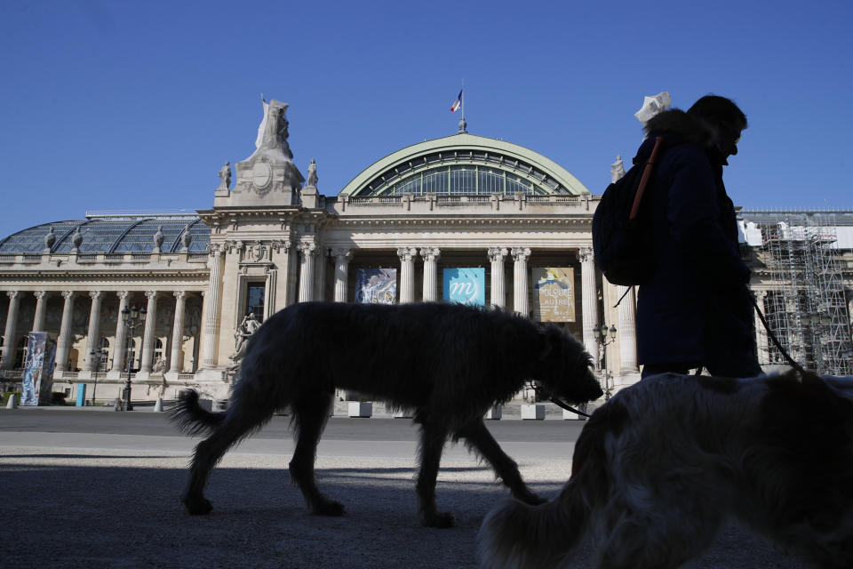 A man walks his dogs in front of the closed Grand Palais as authorities control public movements in Paris, Wednesday, March 25, 2020. The new coronavirus causes mild or moderate symptoms for most people, but for some, especially older adults and people with existing health problems, it can cause more severe illness or death. (AP Photo/Francois Mori)