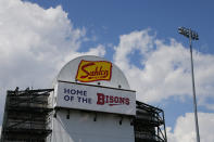 Sahlen Field signage is viewed Friday, July 24, 2020, in Buffalo N.Y. The Toronto Blue Jays will play their 2020 home games at the field, the home of their Triple-A affiliate, the Buffalo Bisons. (AP Photo/Jeffrey T. Barnes)