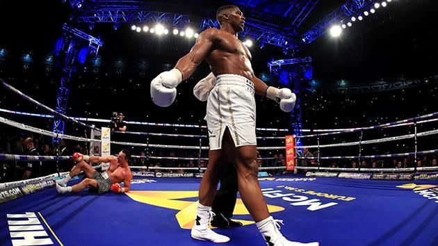 Joshua walks away from Klitschko. Pic: Getty