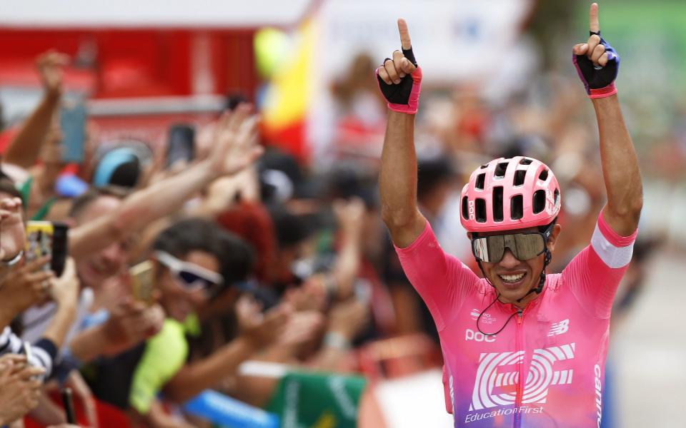 Sergio Higuita crosses the line arms aloft having won stage 18 at the Vuelta a España - EPA