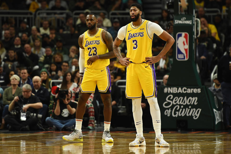 LeBron James and Anthony Davis are both at risk of missing the NBA's marquee Christmas day matchup. (Stacy Revere/Getty Images)