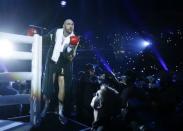 Boxing - Wladimir Klitschko v Tyson Fury WBA, IBF & WBO Heavyweight Title's - Esprit Arena, Dusseldorf, Germany - 28/11/15 Tyson Fury gestures to fans as he enters the ring before the start of the fight Action Images via Reuters / Lee Smith