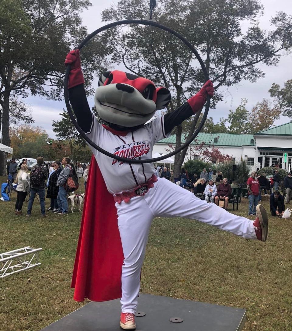 Richmond Flying Squirrels team member Nutsy borrows aerialist Aidan Bryant's device at Richard Bland College of William and Mary's 2021 Pecan Festival in Prince George, Va.