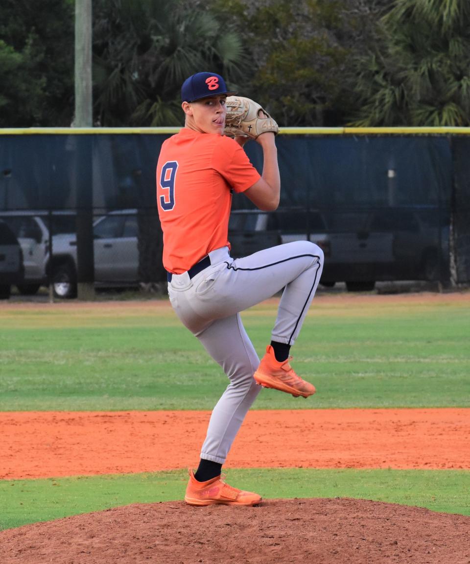 Benjamin pitcher Johnny Havlicek throws from the windup during a regular season game against Jupiter on April 22, 2024.