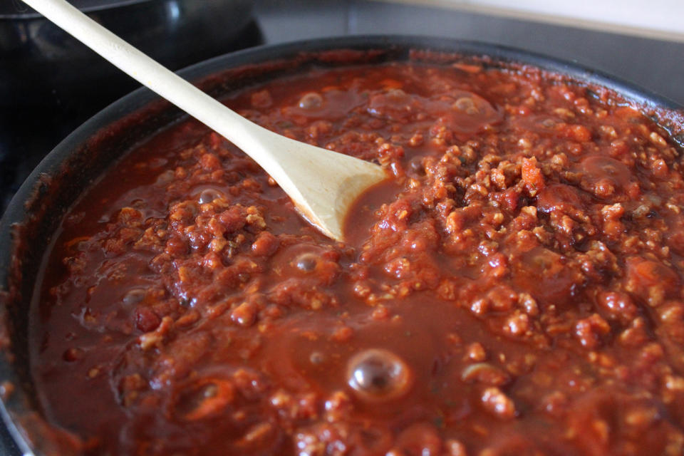 A pot of Bolognese sauce.