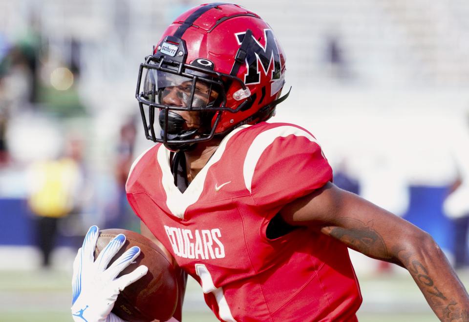 The Cougars' Teddy Foster heads to the end zone. Cardinal Mooney faced Trinity Catholic in the Class 1S state football championship game on Friday, Dec. 8, 2023 in Tallahassee.