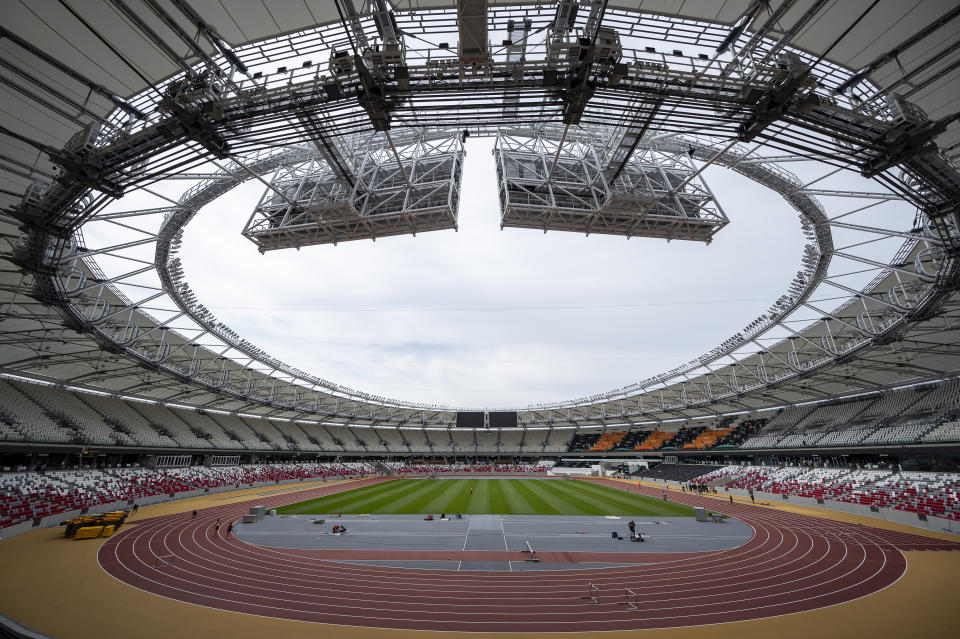 A general view of Budapest's National Athletics Centre, on Wednesday, Aug. 9, 2023. The National Athletics Centre will be the main venue for the World Athletics Championships in Budapest from 19-27 August 2023. (AP Photo/Denes Erdos)