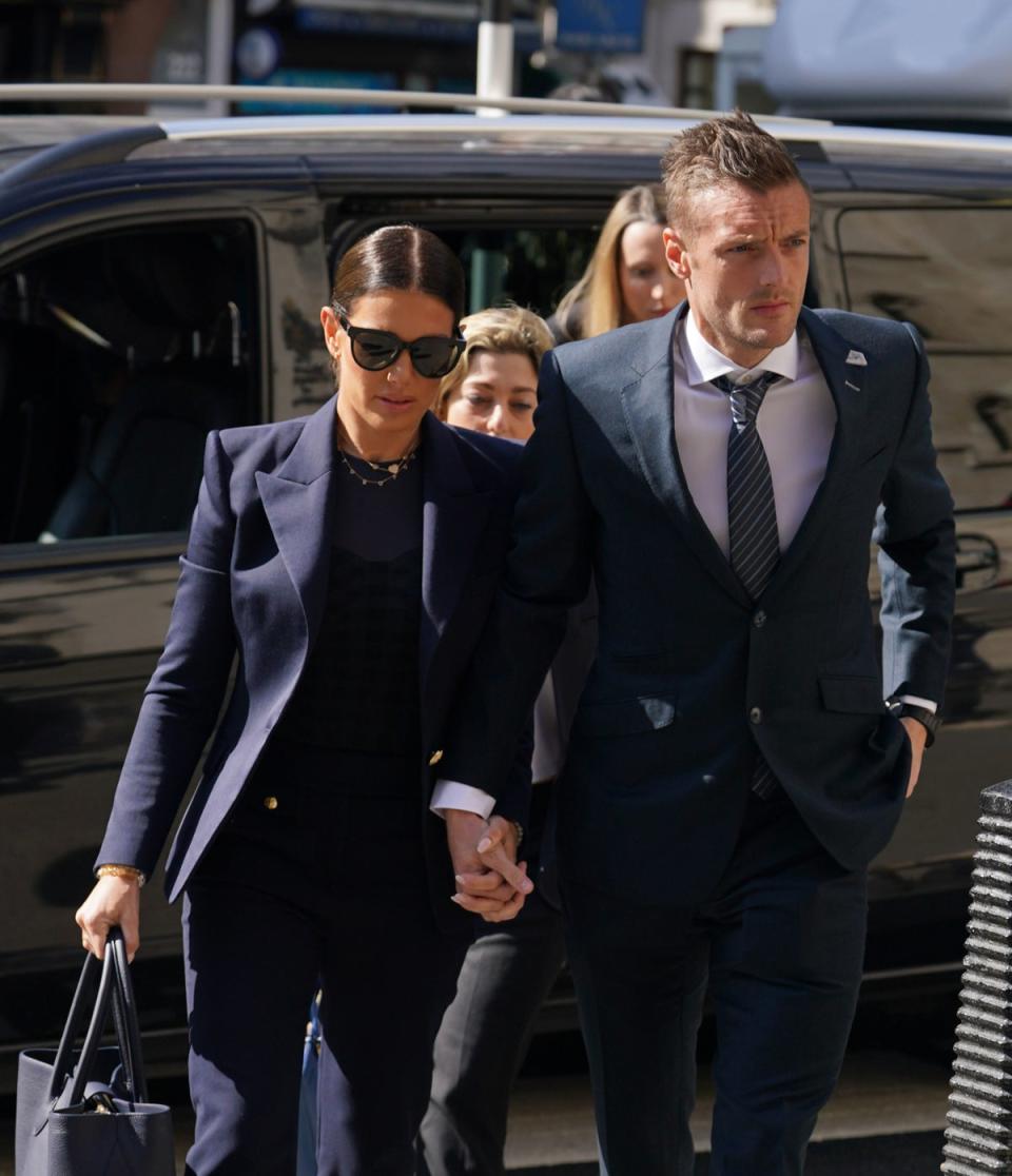 Rebekah and Jamie Vardy arrive at the Royal Courts Of Justice (PA)
