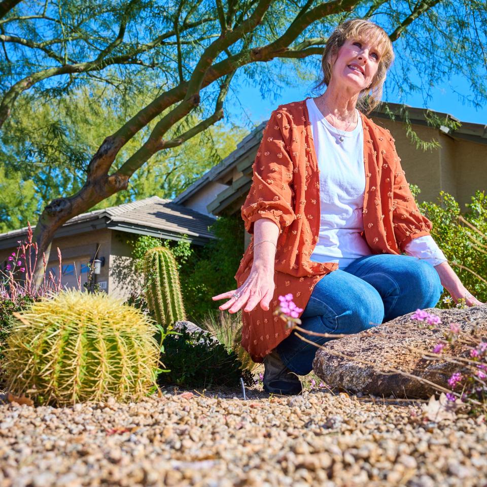 Noelle Johnson, aka AZ Plant Lady, talks about using mulch in her garden while crouching next to one of the rocks that decorate her front garden at her Chandler home on Feb. 20, 2023.