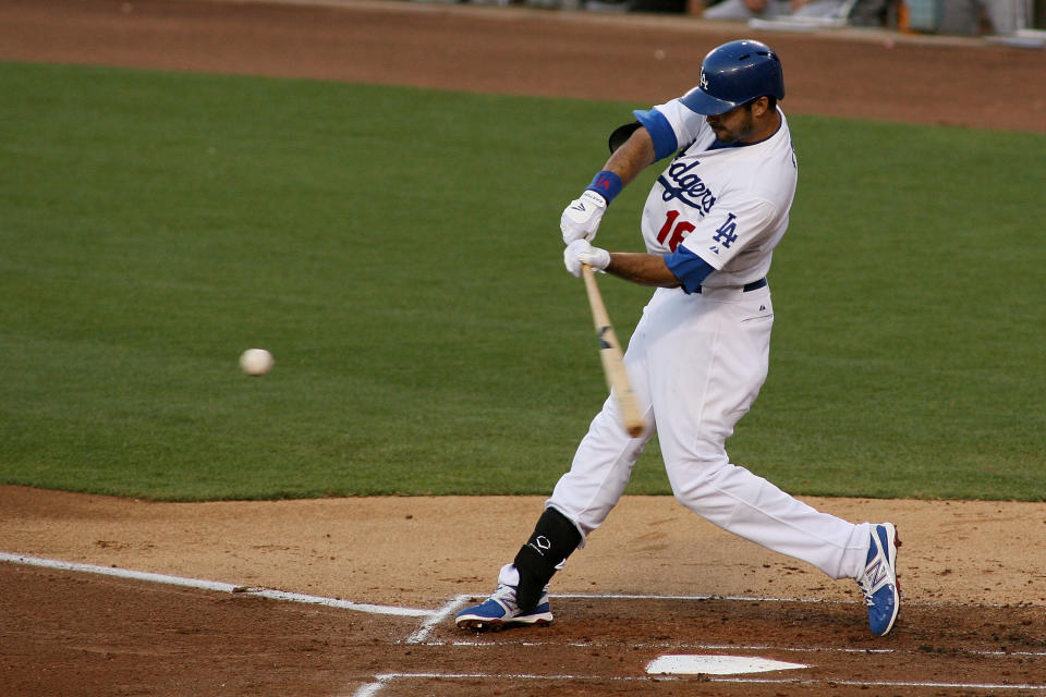 LOS ANGELES, CA - JUNE 16: Andre Ethier #16 of the Los Angeles Dodgers singles against the Chicago White Sox in the first inning at Dodger Stadium on June 16, 2012 in Los Angeles, California. (Photo by Jeff Golden/Getty Images)