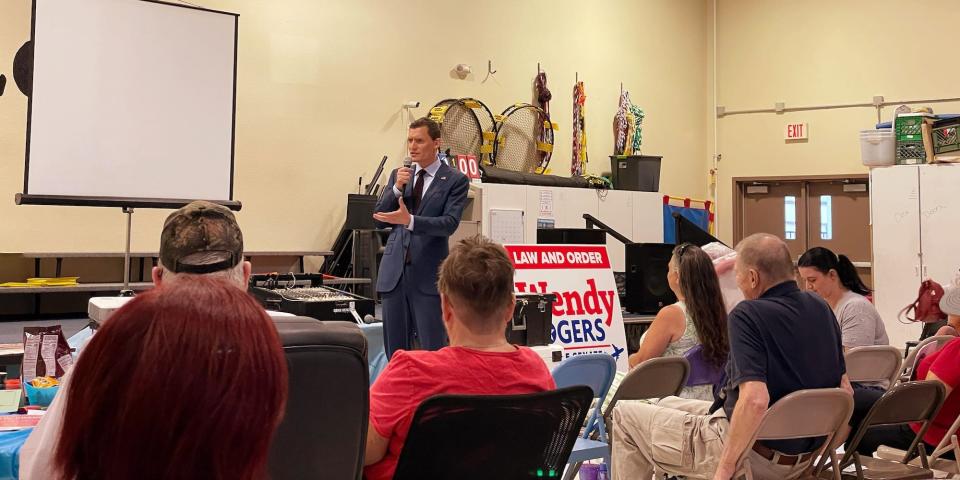 Blake Masters speaks to the Superstition Mountain Republican Club in Apache Junction, AZ on July 14, 2022.