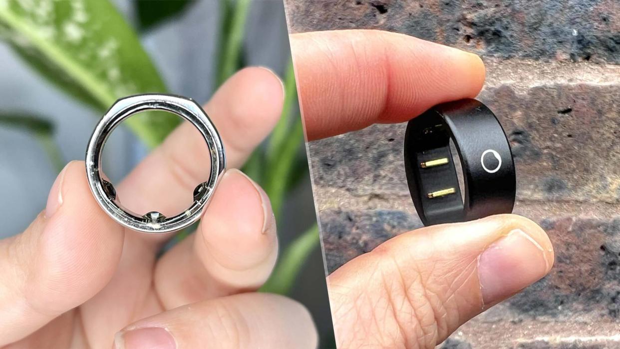  Left image holding Oura Ring and right image holding the Circular Ring Slim side by side. 
