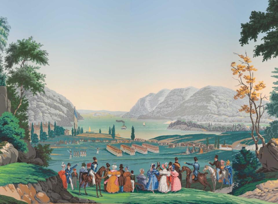 <p>Views of North America, more succinctly known as Scenic Views, has become one of the most famous panoramic papers in creation due to its use in the White House. Contrary to popular belief, this ode to America was actually created in France. </p><p>Jean-Julien Deltil, an artist often employed to create designs for the wallpaper company<a href="https://www.zuber.fr/en" rel="nofollow noopener" target="_blank" data-ylk="slk:Zuber,;elm:context_link;itc:0;sec:content-canvas" class="link "> Zuber,</a> was inspired by Jacques-Gérard Milbert’s recently published lithographs of the New World across the Atlantic. Requiring 1,690 printing blocks and 223 colors, this luxurious, hand-printed 1830s wallpaper spans scenes of New York Bay, the Hudson River, Catskill Mountains, Boston Harbor, and Niagara Falls. This charming depiction of a preindustrial America wooed the likes of First Lady Jacqueline Kennedy, and she used it to redecorate the White House in 1961. It was also used in many private homes and hotels over the centuries. </p>