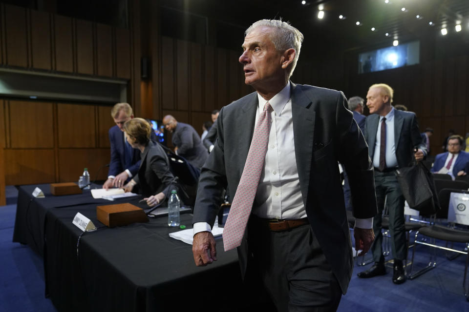 FILE - PGA Tour board member Jimmy Dunne departs the witness table after testifying before a Senate Subcommittee on Investigations hearing on the proposed PGA Tour-LIV Golf partnership, July 11, 2023, on Capitol Hill in Washington. Dunne, one of the architects of the deal with the Saudi backers of LIV, resigned from the PGA Tour board on Monday, May 13, 2024. (AP Photo/Patrick Semansky, File)