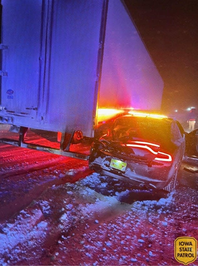 An Iowa State Patrol vehicle was damaged in a crash late Friday on Interstate 80 when a semi was unable to stop because of icy conditions. The trooper at the wheel of the cruiser was uninjured.