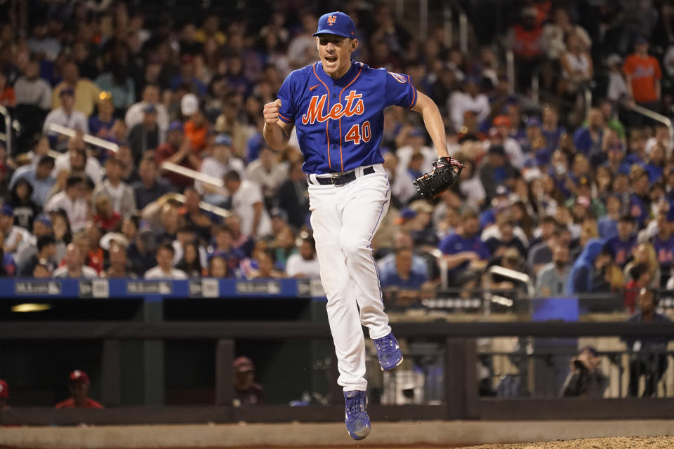 New York Mets pitcher Chris Bassitt reacts after Philadelphia Phillies' Nick Castellanos fouled off one of his pitches during the sixth inning of a baseball game, Sunday, May 29, 2022, in New York. (AP Photo/Mary Altaffer)