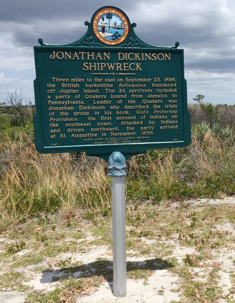 A historical Marker at Jonathan Dickinson State Park describes the shipwreck that led to the park’s name.