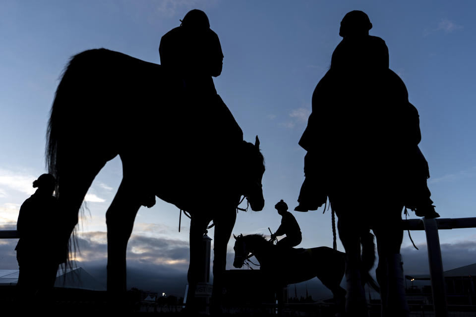 Horses work out ahead of the 149th running of the Preakness Stakes horse race at Pimlico Race Course, Friday, May 17, 2024, in Baltimore. (AP Photo/Julia Nikhinson)