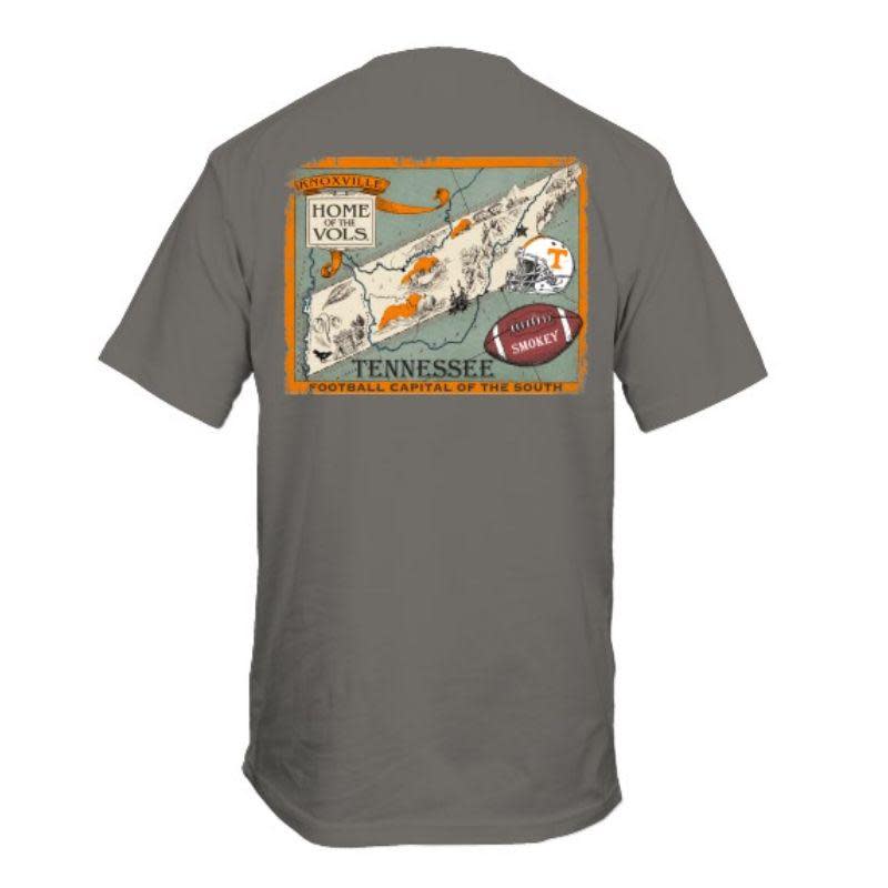 A shirt with a vintage map of Tennessee and full of Volunteers references. It's sold at Alumni Hall.