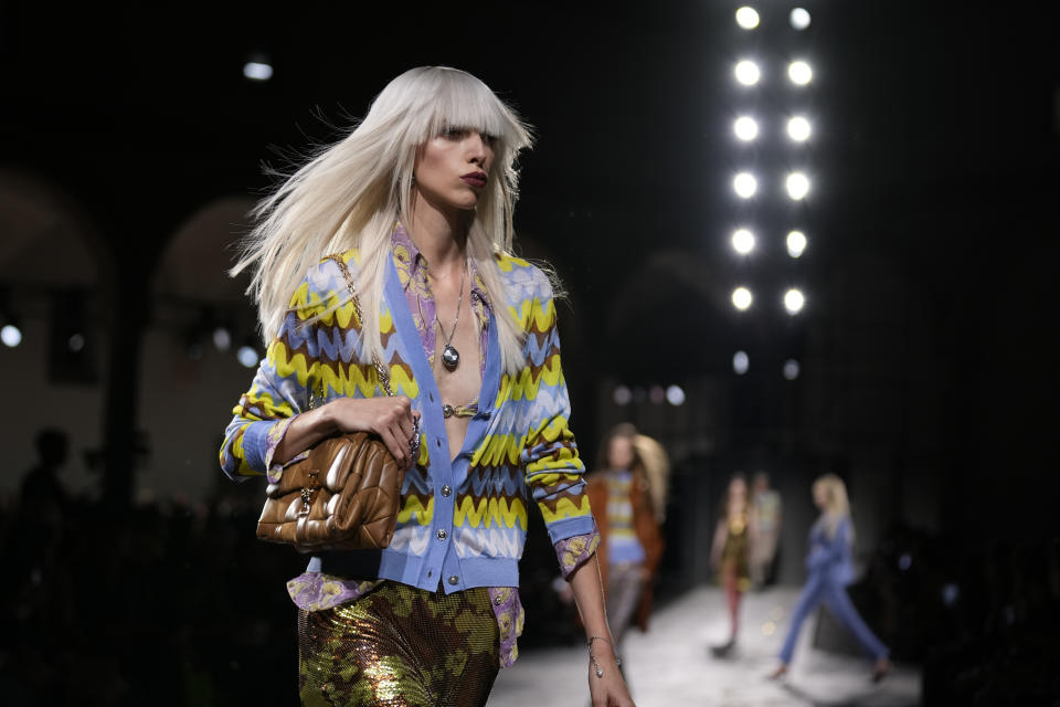 A model wears a creation as part of the Versace Spring Summer 2025 collection, that was presented in Milan, Italy, Friday, Sept. 20, 2024. (AP Photo/Antonio Calanni)