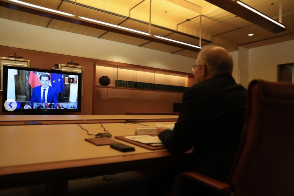 Pictured is Prime Minister Scot Morrison joining the video call on Thursday night. Source: Scott Morrison