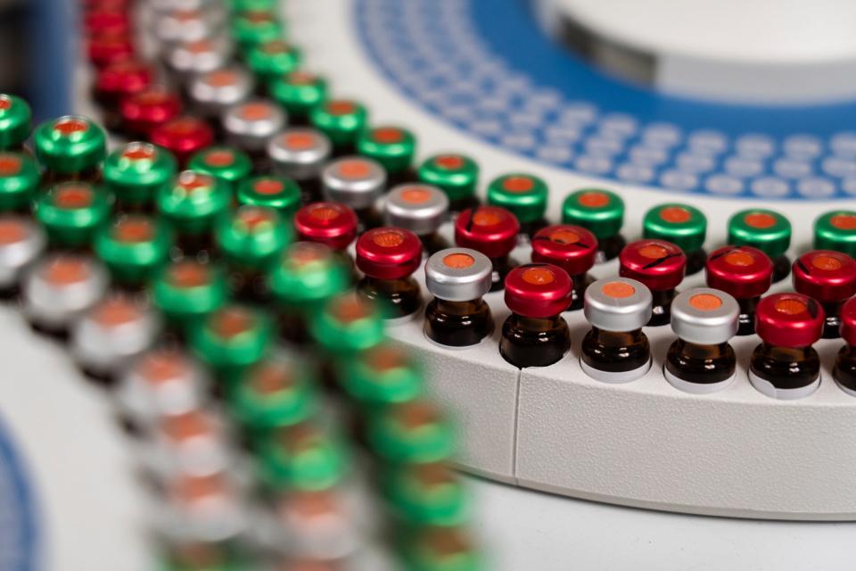 Vials of extracted material are ran through a machine for analysis at Infinite Chemical Analysis Labs in Jackson on Wednesday, April 10, 2024.